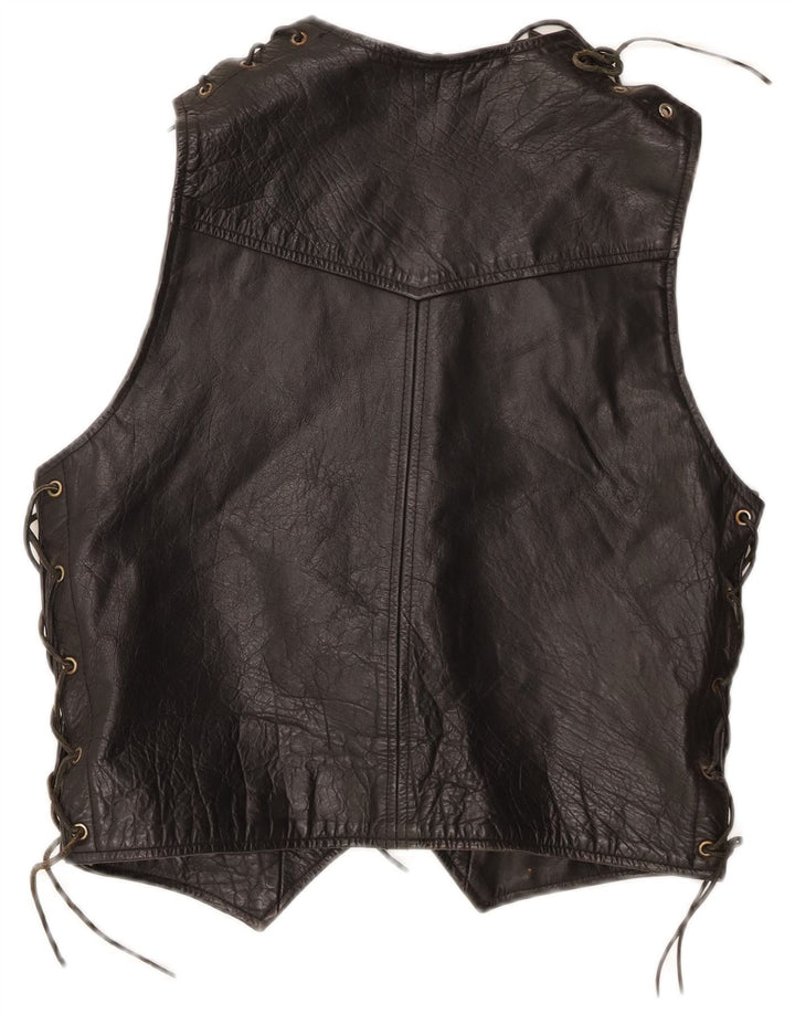 Vintage Mens Leather Waistcoat Medium Black Leather