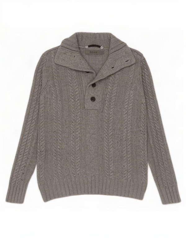 Reiss Mens Button Neck Jumper Sweater Small Grey Viscose