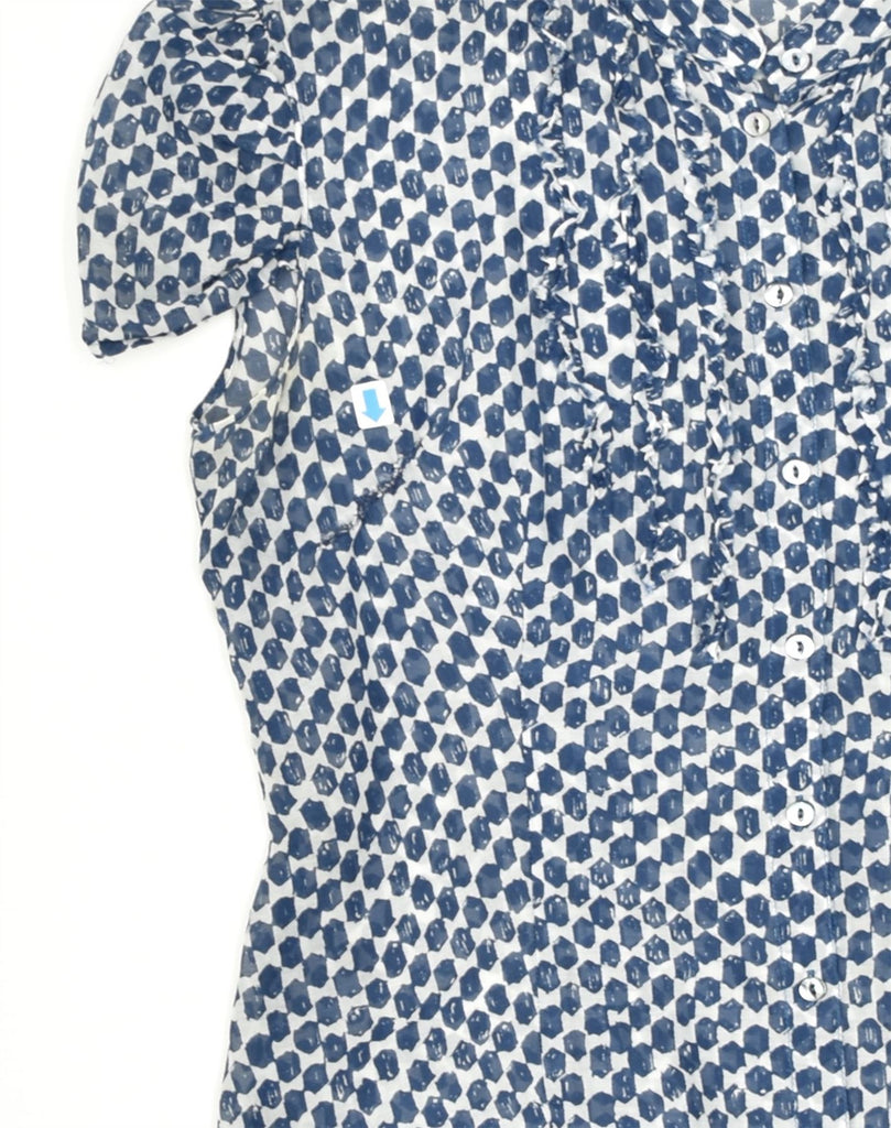 MARELLA Womens Short Sleeve Ruffle Front Shirt IT 44 Medium Blue Spotted | Vintage Marella | Thrift | Second-Hand Marella | Used Clothing | Messina Hembry 