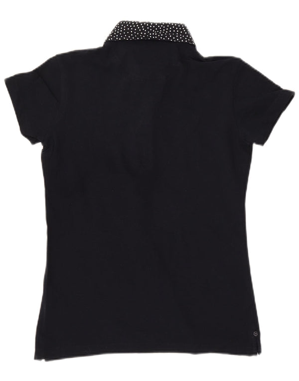 WOOLRICH Womens Slim Fit Polo Shirt UK 12 Medium Navy Blue Spotted Cotton