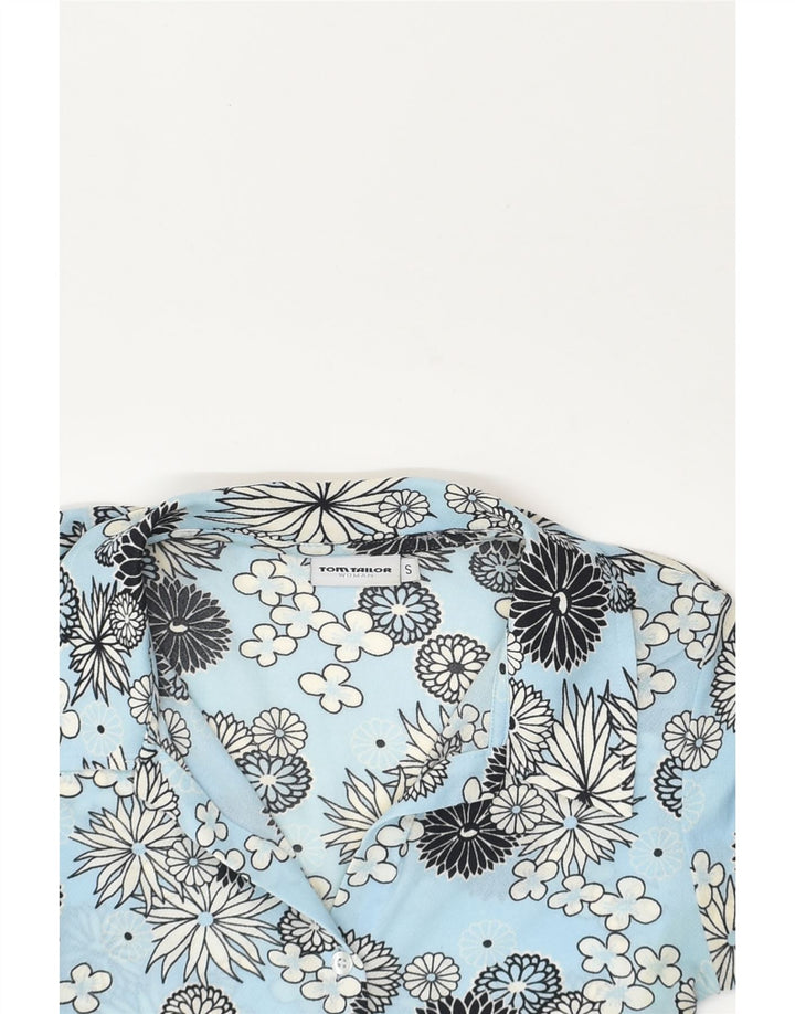TOM TAILOR Womens Short Sleeve Shirt UK 8 Small Blue Floral Polyamide | Vintage Tom Tailor | Thrift | Second-Hand Tom Tailor | Used Clothing | Messina Hembry 
