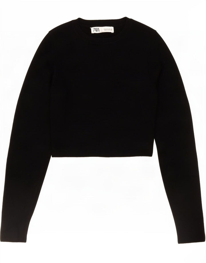 Zara Womens Crop Top Long Sleeve UK 12 Medium Black Viscose