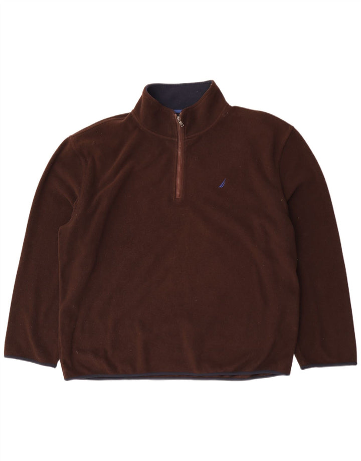 Nautica Mens Graphic Zip Neck Fleece Jumper 2XL Brown Polyester