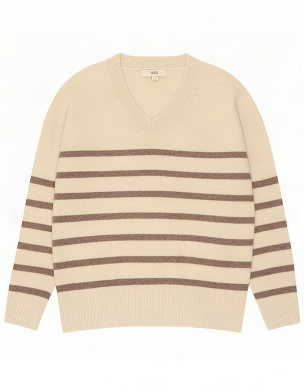 Marks & Spencer Womens V-Neck Jumper Sweater UK 14 Medium Beige Striped