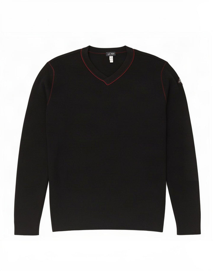 Armani Jeans Mens V-Neck Jumper Sweater Medium Black Wool