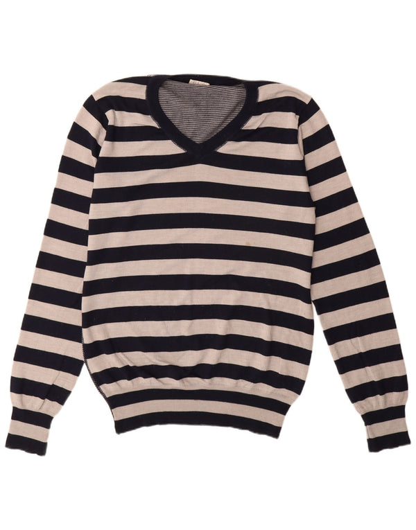 Gaudi Mens V-Neck Jumper Sweater Large Black Striped Merino Wool