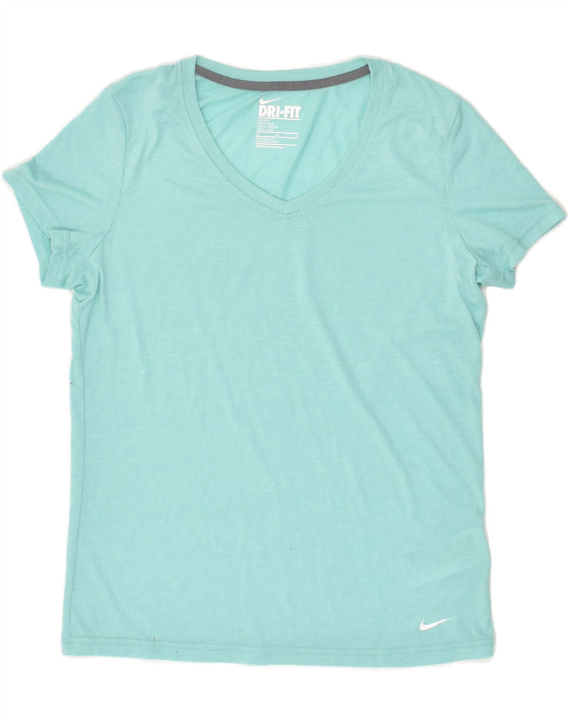 NIKE Womens Dri Fit Crop T-Shirt Top UK 14 Medium Turquoise Polyester | Vintage Nike | Thrift | Second-Hand Nike | Used Clothing | Messina Hembry 