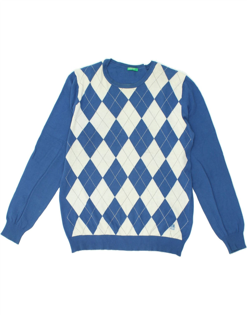 BENETTON Womens Crew Neck Jumper Sweater UK 16 Large Blue Argyle/Diamond | Vintage Benetton | Thrift | Second-Hand Benetton | Used Clothing | Messina Hembry 