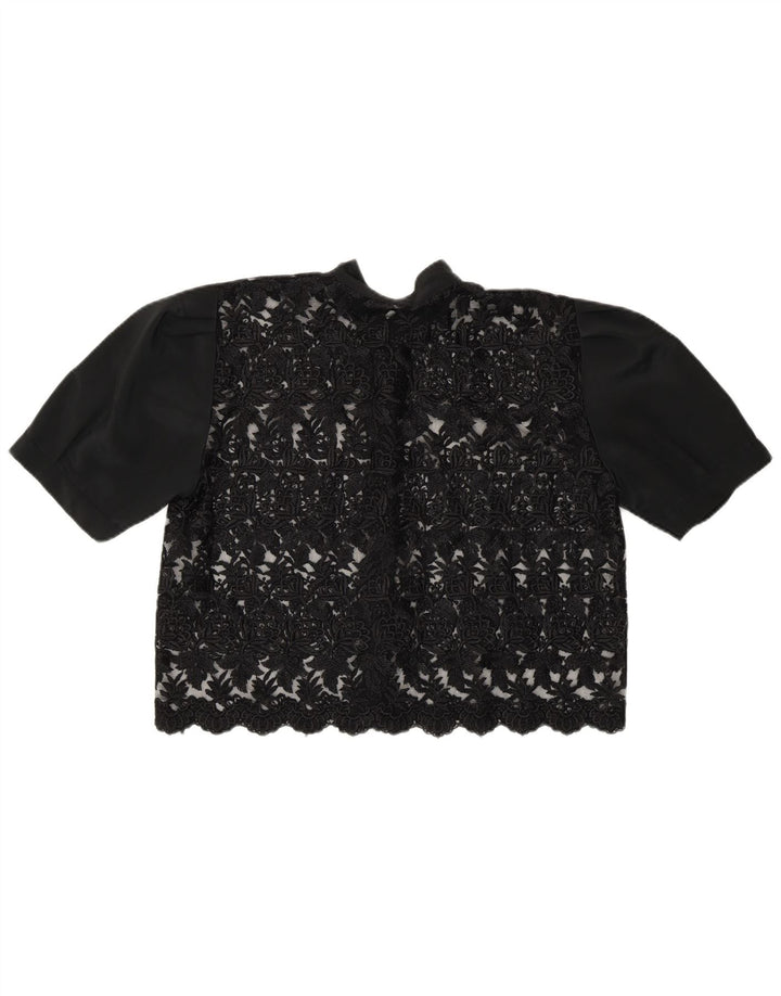 Vintage Womens Crop See Through Shirt Blouse UK 14 Medium Black Floral