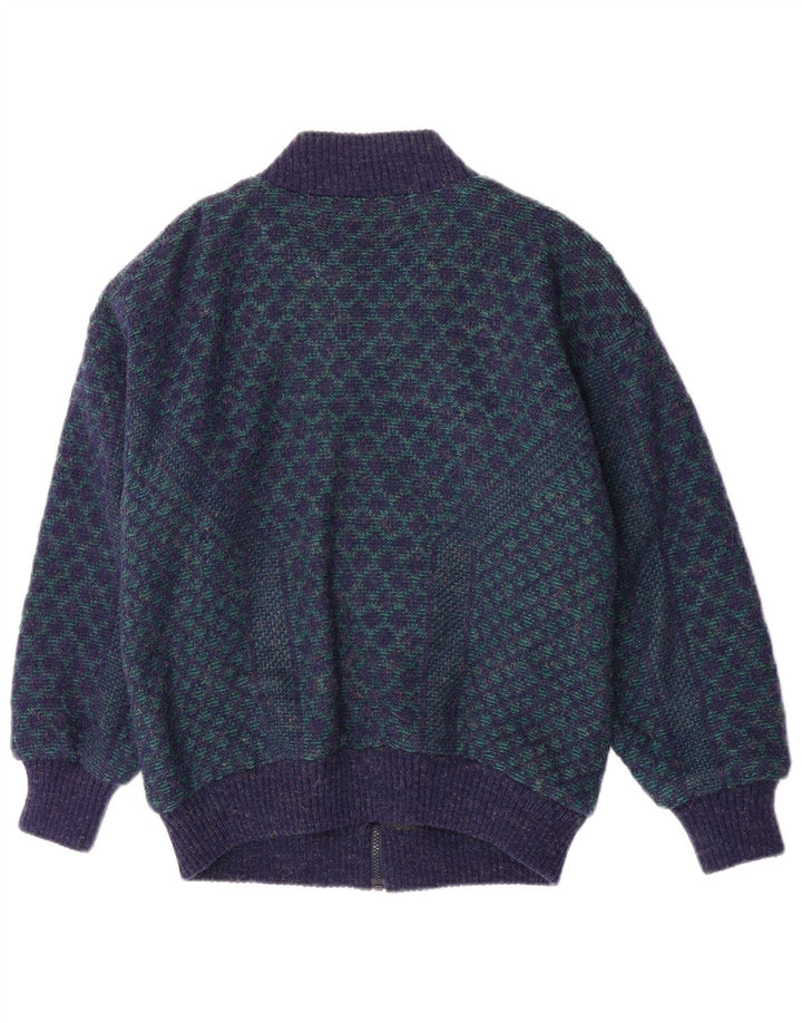 Vintage Mens Knit Bomber Jacket UK 38 Medium Blue Geometric Acrylic Retro