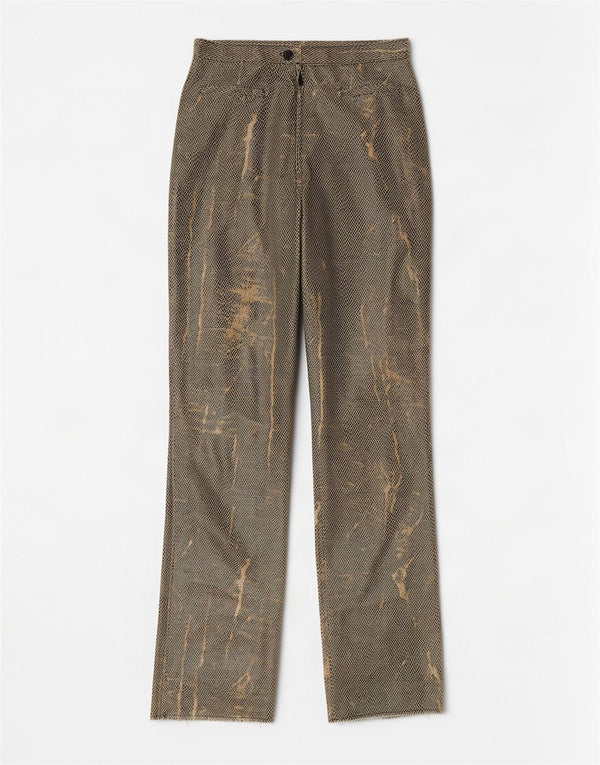 Vintage Womens Straight Faux Leather Trousers W24 L31 Green Animal Print