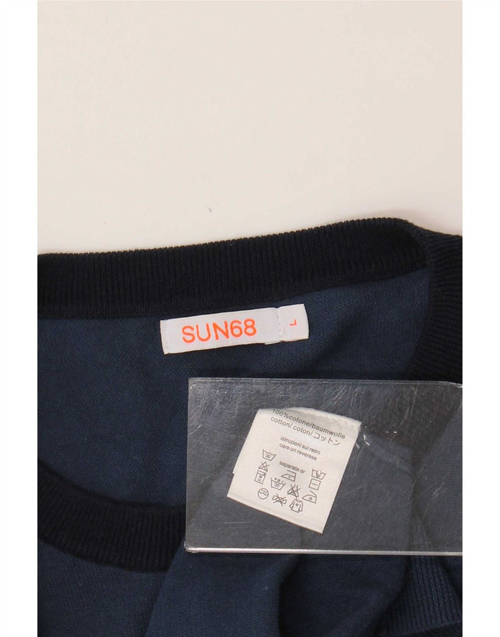 Sun68 Mens Crew Neck Jumper Sweater Large Navy Blue Cotton
