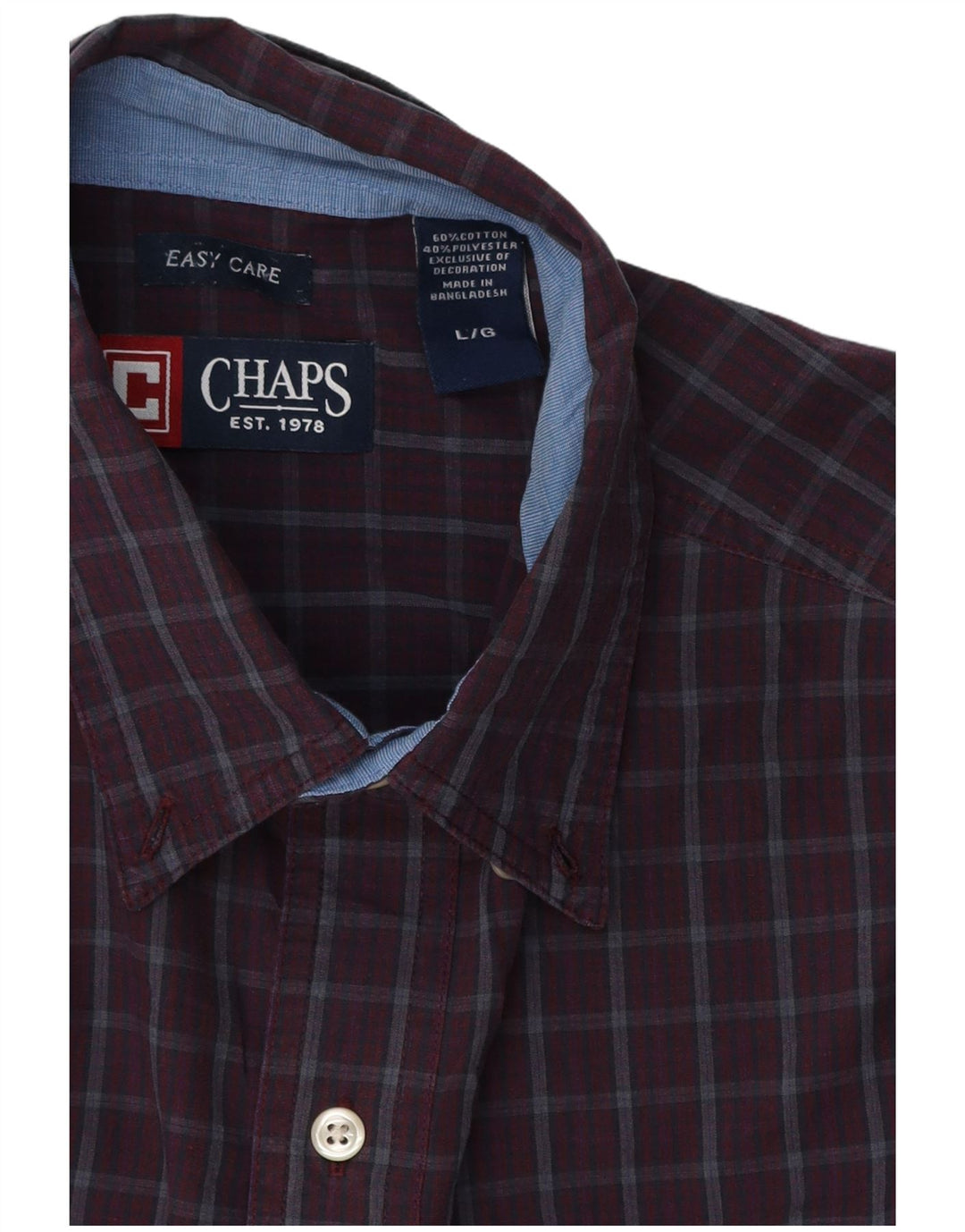 Chaps Mens Easy Care Shirt Large Burgundy Check Cotton