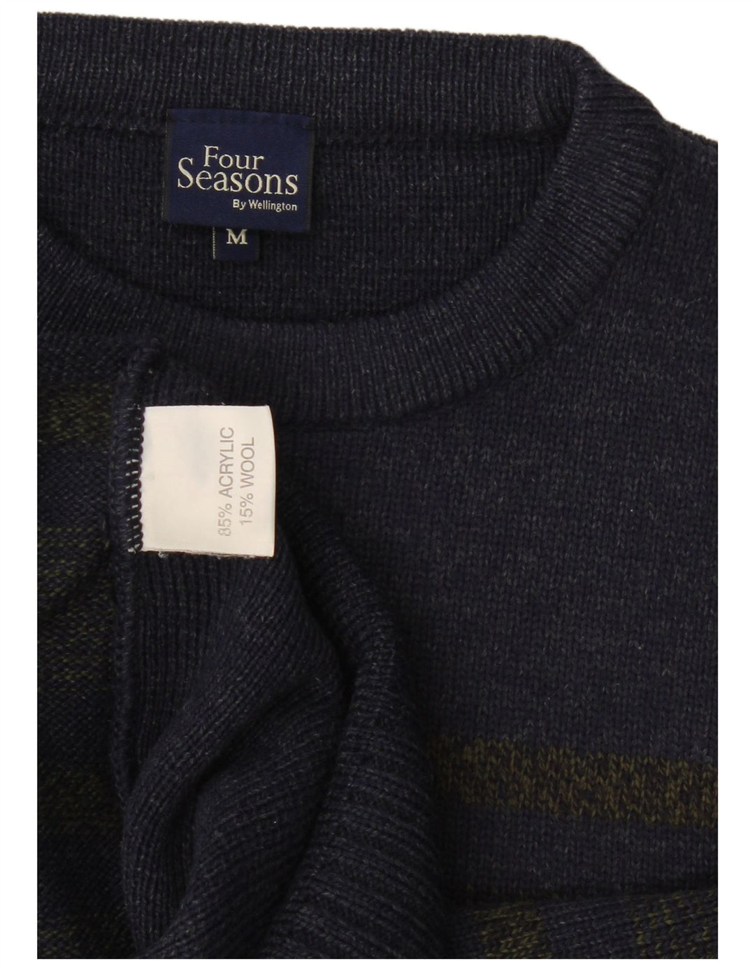 Four Seasons Mens Crew Neck Jumper Sweater Medium Navy Blue Striped Acrylic