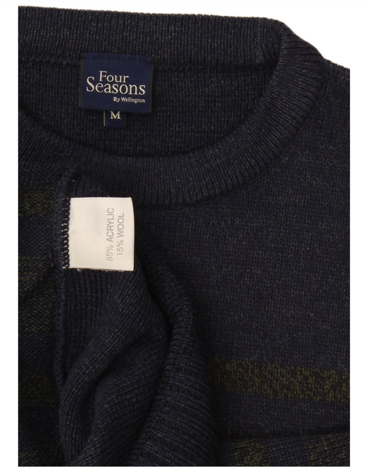 Four Seasons Mens Crew Neck Jumper Sweater Medium Navy Blue Striped Acrylic