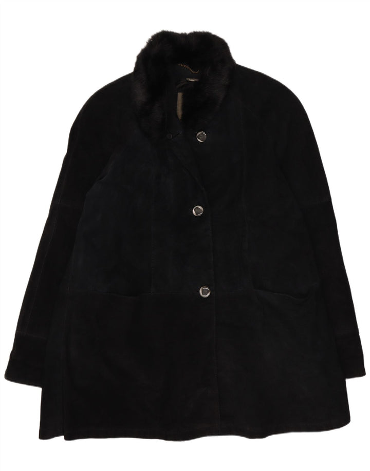 Vintage Womens Relaxed Fit Leather Coat IT 42 Medium Navy Blue