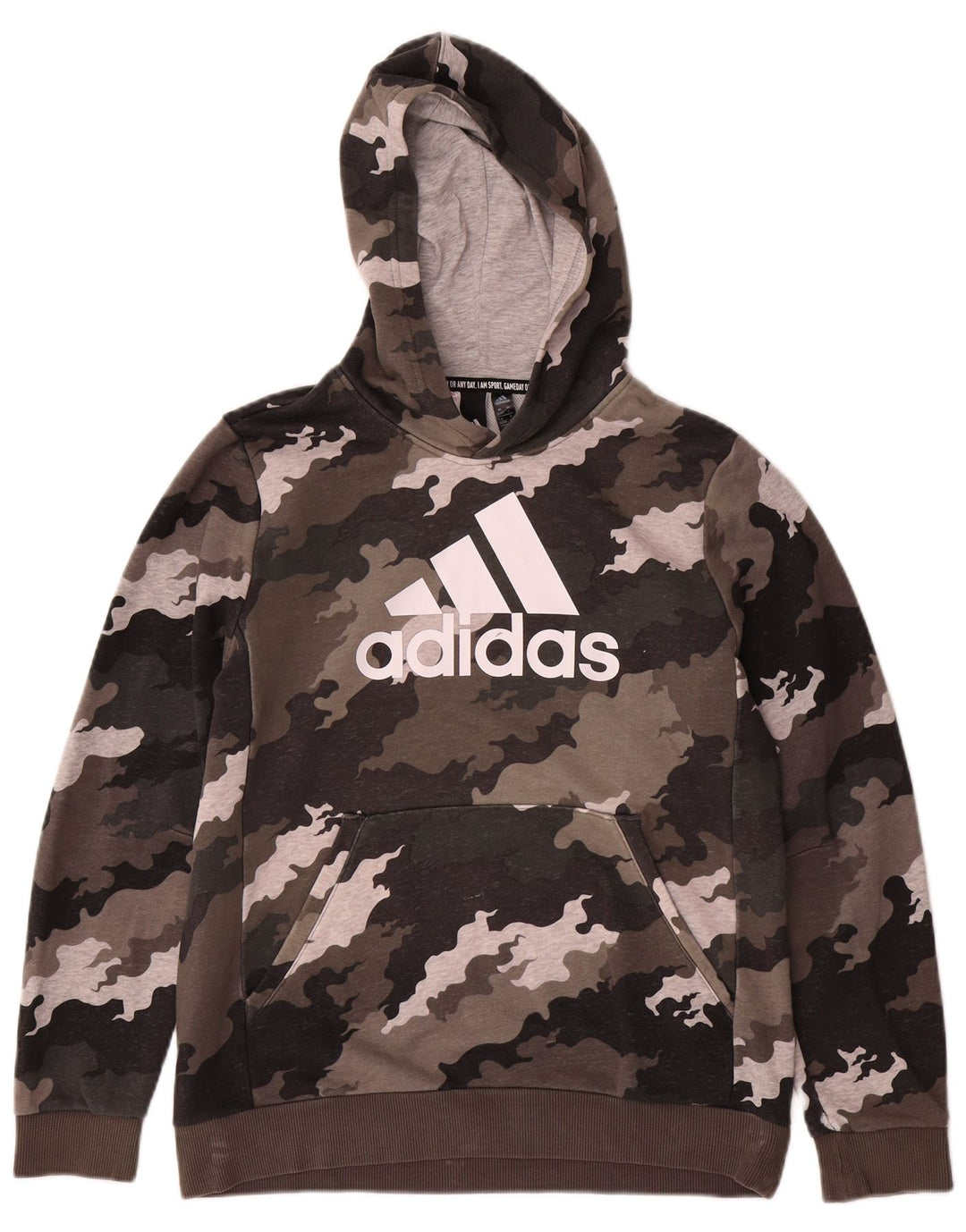 ADIDAS Boys Graphic Hoodie Jumper 13-14 Years Brown Camouflage Cotton