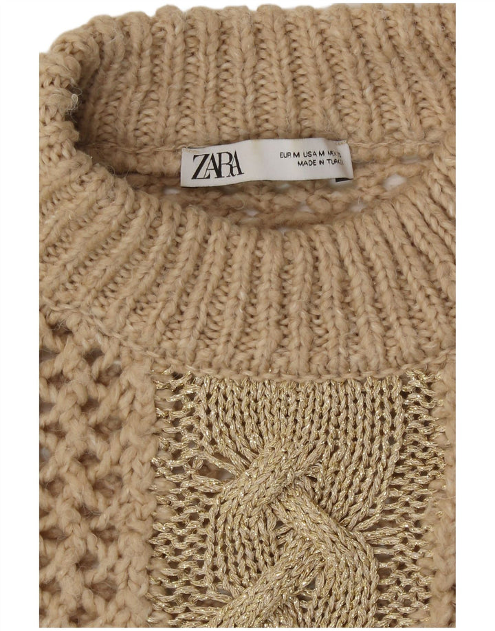 Zara Womens Crochet Turtle Neck Jumper Sweater UK 14 Medium Beige
