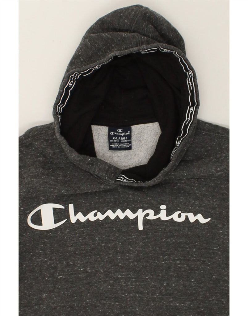 CHAMPION Boys Graphic Hoodie Jumper 13-14 Years XL Grey Flecked Cotton | Vintage Champion | Thrift | Second-Hand Champion | Used Clothing | Messina Hembry 