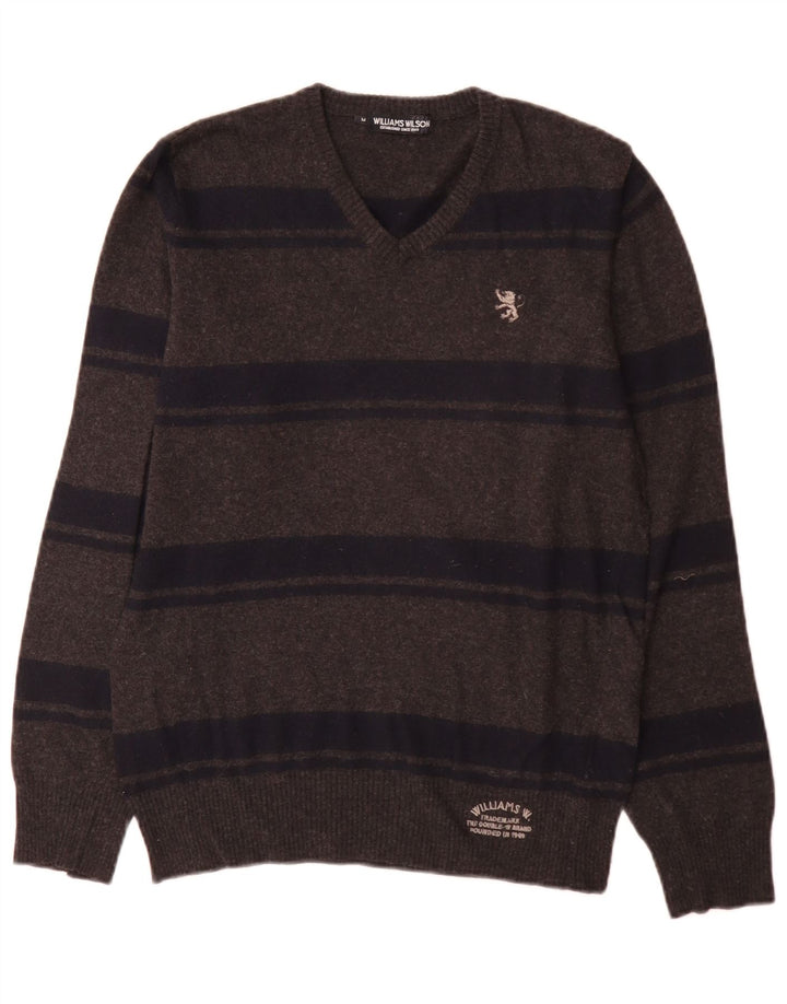 Williams Wilson Mens V-Neck Jumper Sweater Medium Grey Striped Merino Wool