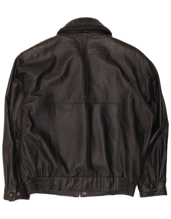 Vintage Mens Faux Leather Bomber Jacket UK 40 Large Black Polyester