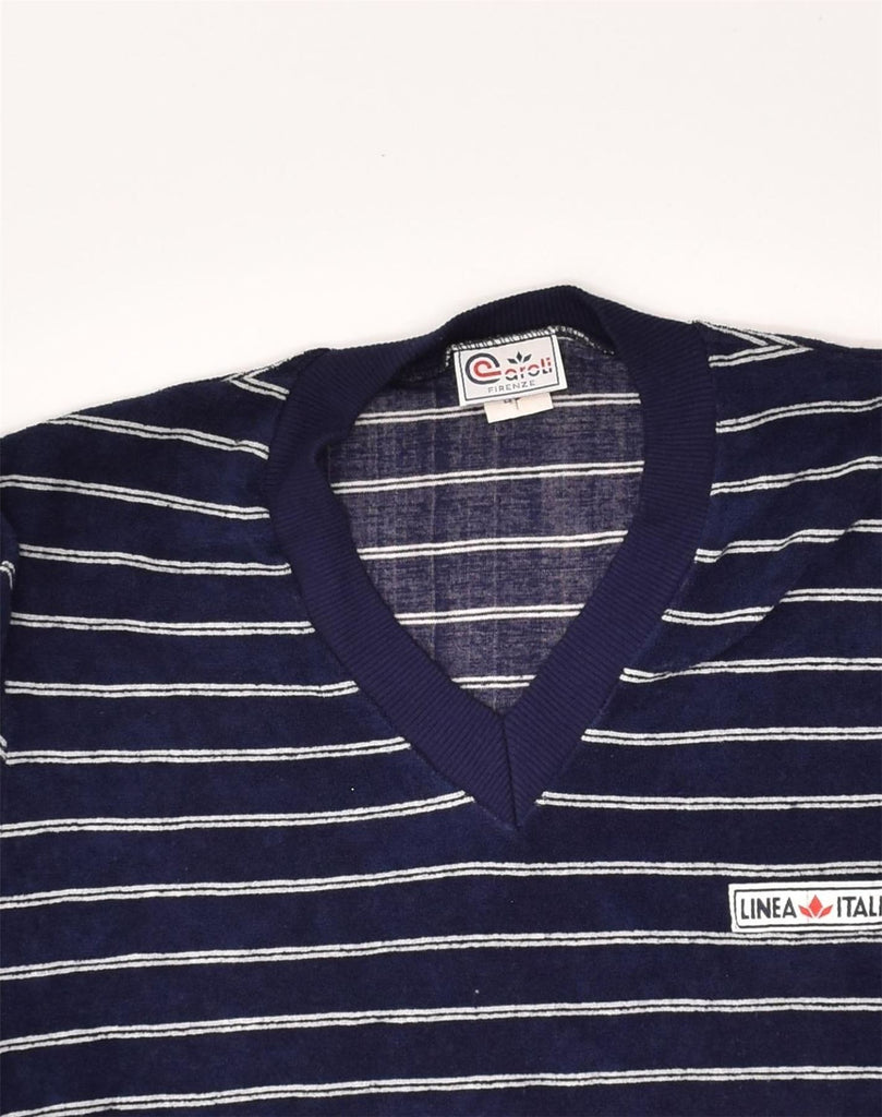 VINTAGE Womens V-Neck Jumper Sweater UK 46 Large Navy Blue Striped Cotton | Vintage Vintage | Thrift | Second-Hand Vintage | Used Clothing | Messina Hembry 