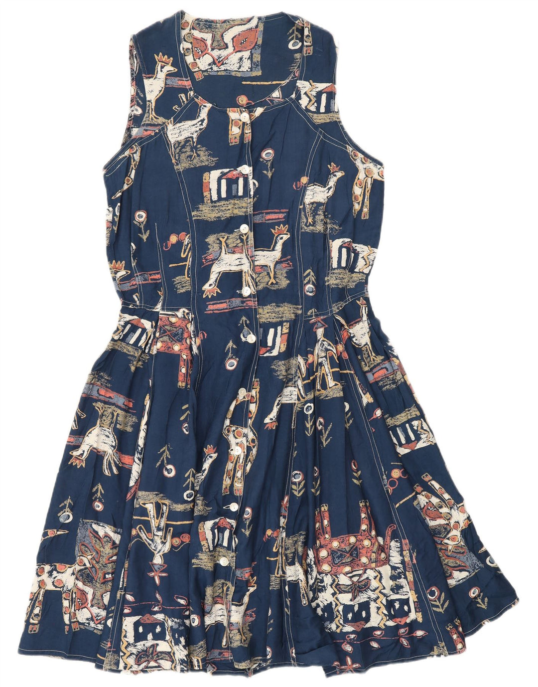 Vintage Womens Abstract Pattern A-Line Dress UK 12 Medium Navy Blue