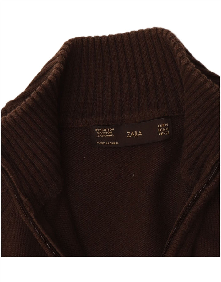 Zara Womens Zip Neck Jumper Sweater UK 12 Medium Brown Cotton