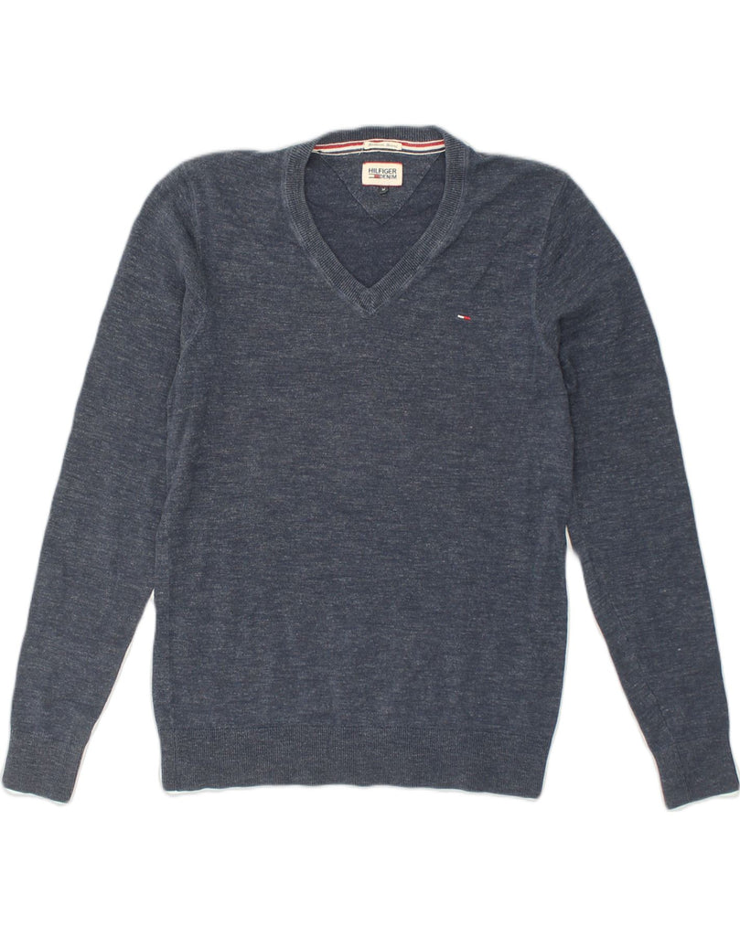 TOMMY HILFIGER Mens V-Neck Jumper Sweater Medium Navy Blue Cotton | Vintage Tommy Hilfiger | Thrift | Second-Hand Tommy Hilfiger | Used Clothing | Messina Hembry 