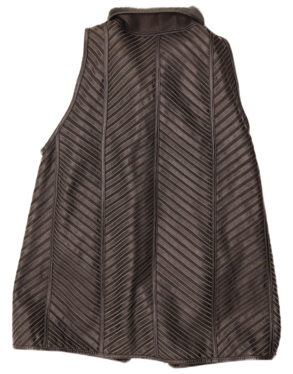 VINTAGE Womens Sherpa Longline Gilet EU 40 Medium Grey Striped Leather