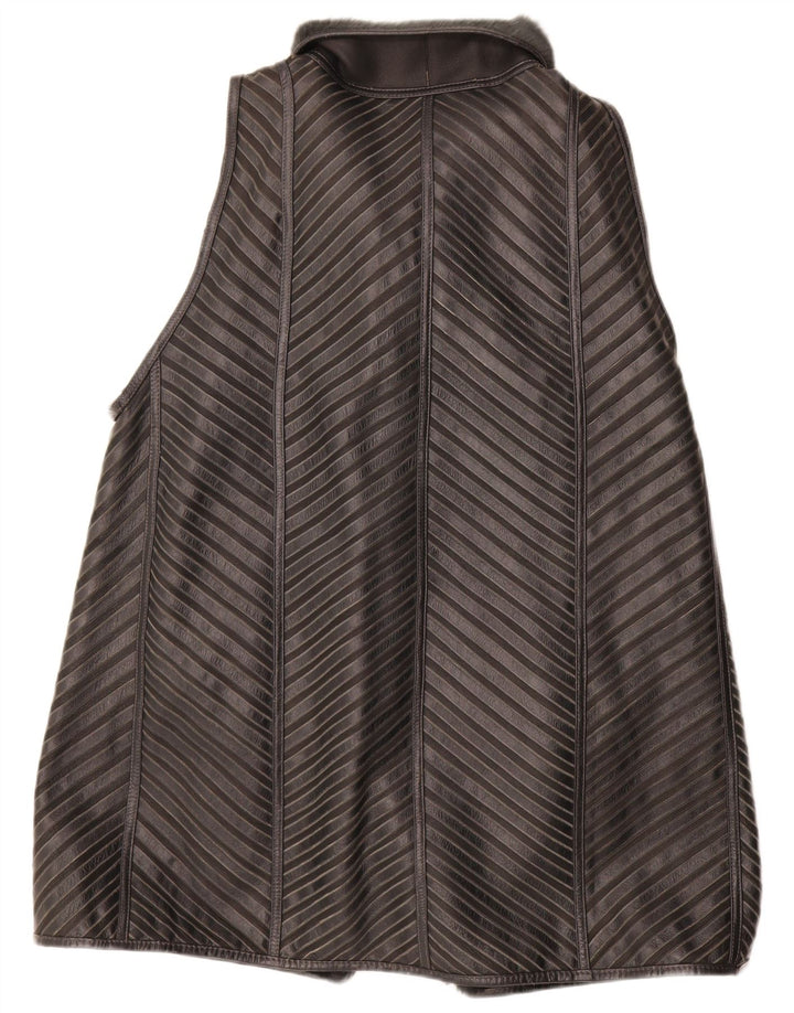 VINTAGE Womens Sherpa Longline Gilet EU 40 Medium Grey Striped Leather