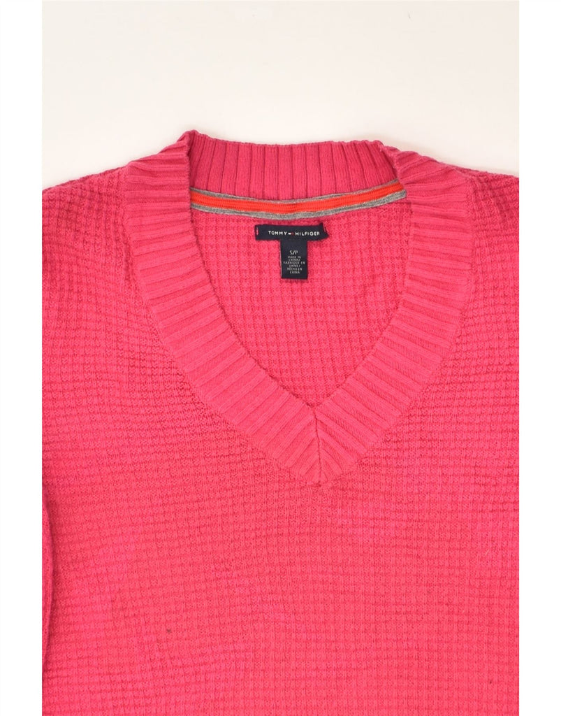 TOMMY HILFIGER Womens V-Neck Jumper Sweater UK 10 Small Pink Cotton | Vintage Tommy Hilfiger | Thrift | Second-Hand Tommy Hilfiger | Used Clothing | Messina Hembry 