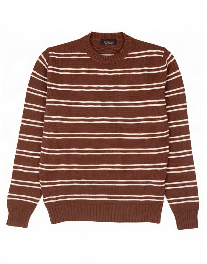 Zara Mens Crew Neck Jumper Sweater Medium Brown Striped Cotton