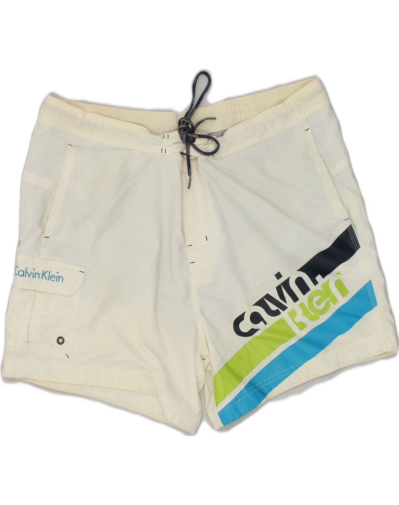 CALVIN KLEIN Mens Graphic Swimming Shorts XL White Nylon | Vintage Calvin Klein | Thrift | Second-Hand Calvin Klein | Used Clothing | Messina Hembry 