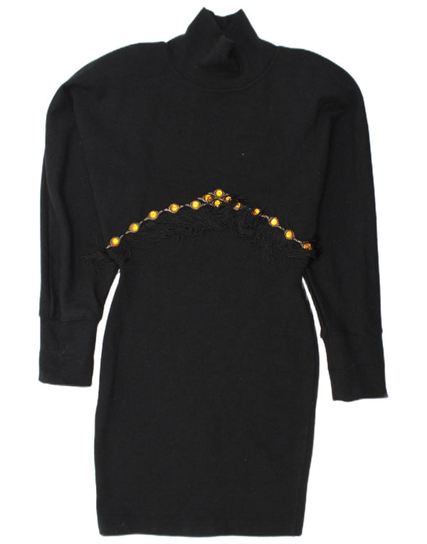 Vintage Womens Long Sleeve Jumper Dress UK 16 Large Black Wool