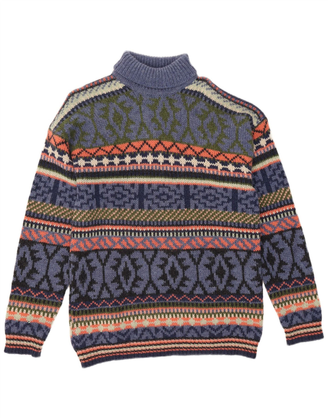 S. Moritz Mens Roll Neck Jumper Sweater Large Blue Fair Isle Wool