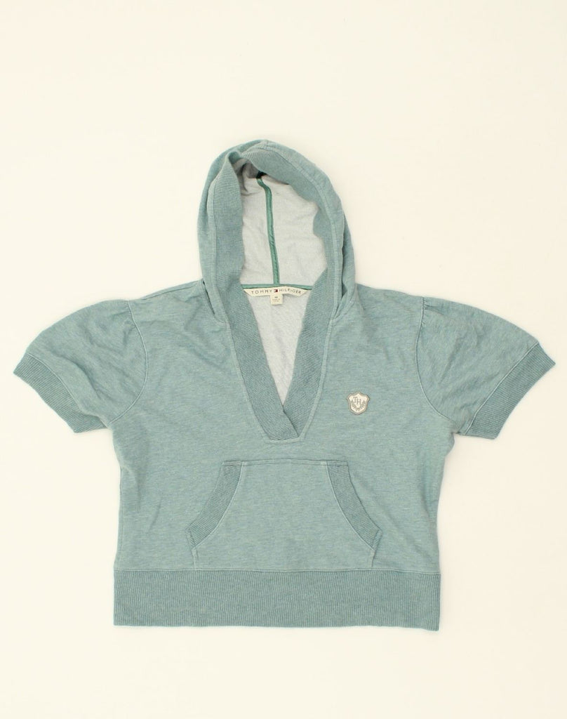 TOMMY HILFIGER Womens Short Sleeve Hoodie Jumper UK 12 Medium Turquoise | Vintage Tommy Hilfiger | Thrift | Second-Hand Tommy Hilfiger | Used Clothing | Messina Hembry 