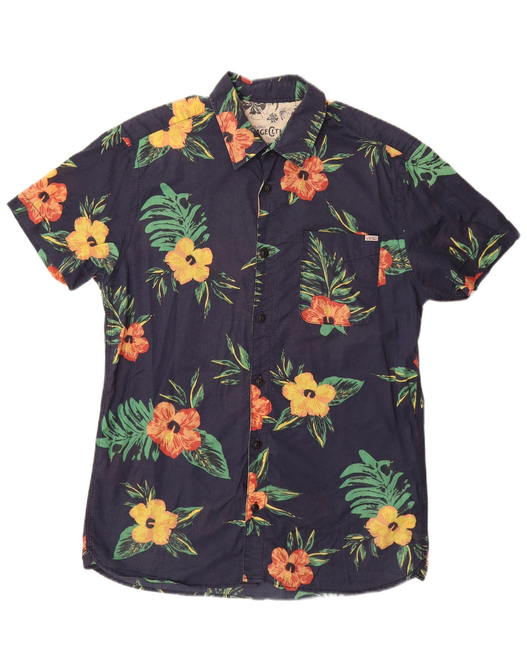 JACK & JONES Mens Short Sleeve Shirt Large Navy Blue Floral Cotton