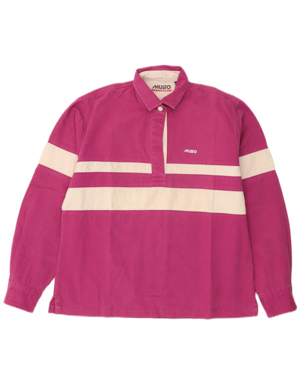 Musto Womens Long Sleeve Rugby Polo Shirt UK 14 Large Pink Striped Cotton