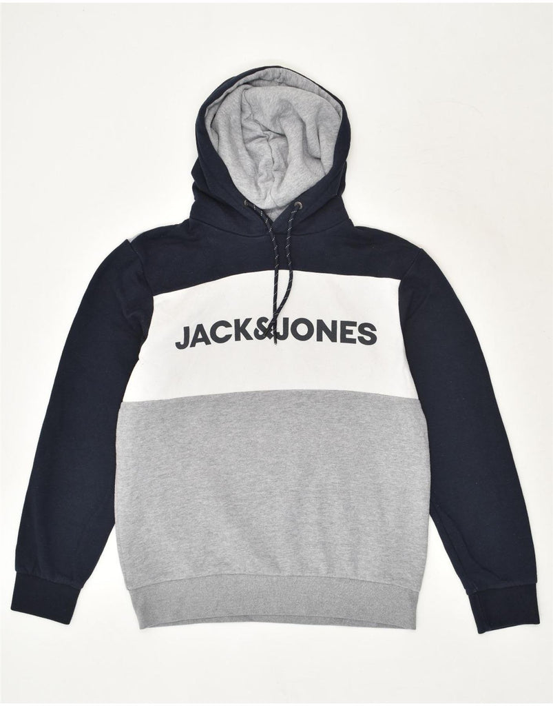 JACK & JONES Mens Graphic Hoodie Jumper Small Grey Colourblock Cotton | Vintage Jack & Jones | Thrift | Second-Hand Jack & Jones | Used Clothing | Messina Hembry 