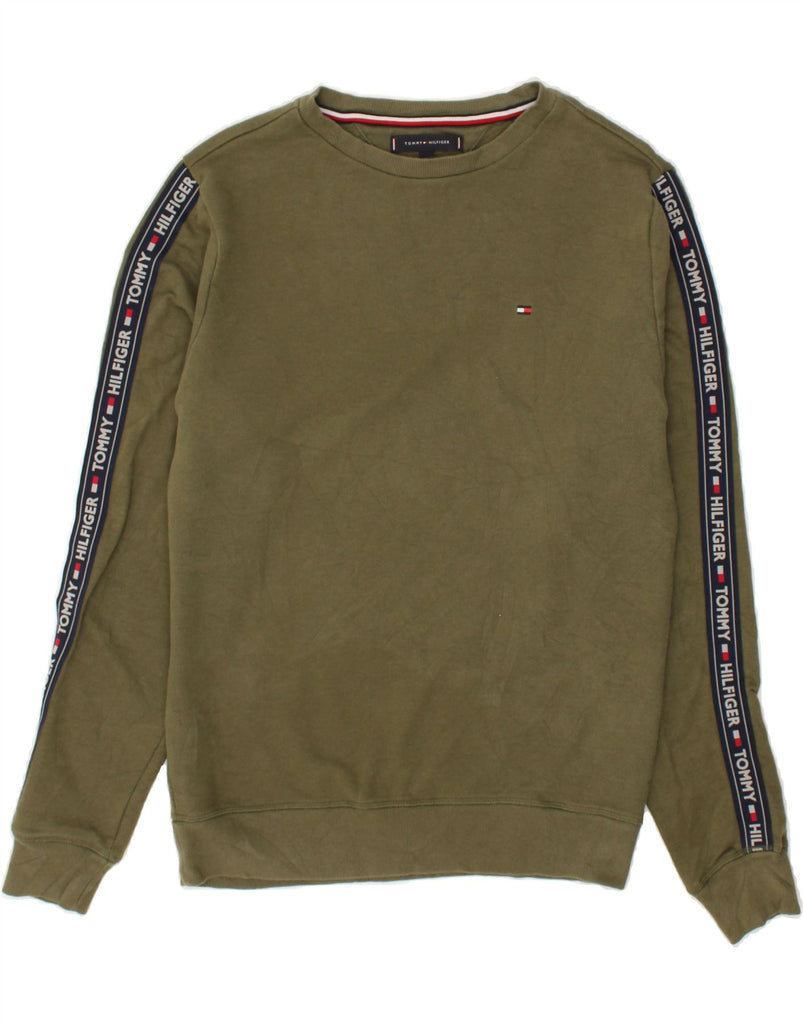 TOMMY HILFIGER Mens Graphic Sweatshirt Jumper Small Khaki Cotton | Vintage Tommy Hilfiger | Thrift | Second-Hand Tommy Hilfiger | Used Clothing | Messina Hembry 