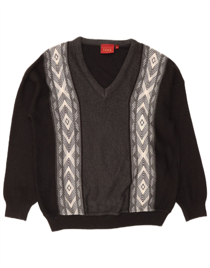 Farah Mens V-Neck Jumper Sweater Medium Black Colourblock Acrylic