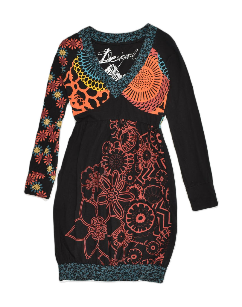 DESIGUAL Womens Long Sleeve Bubble Dress UK 8 Small Black Floral Cotton | Vintage Desigual | Thrift | Second-Hand Desigual | Used Clothing | Messina Hembry 