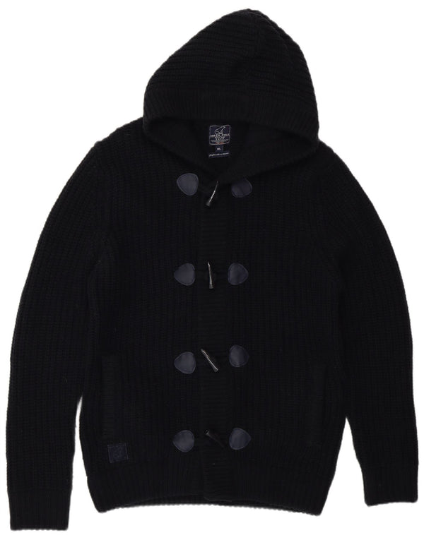 North Pole Mens Hooded Duffle Buttons Cardigan Sweater XL Black Wool Winter