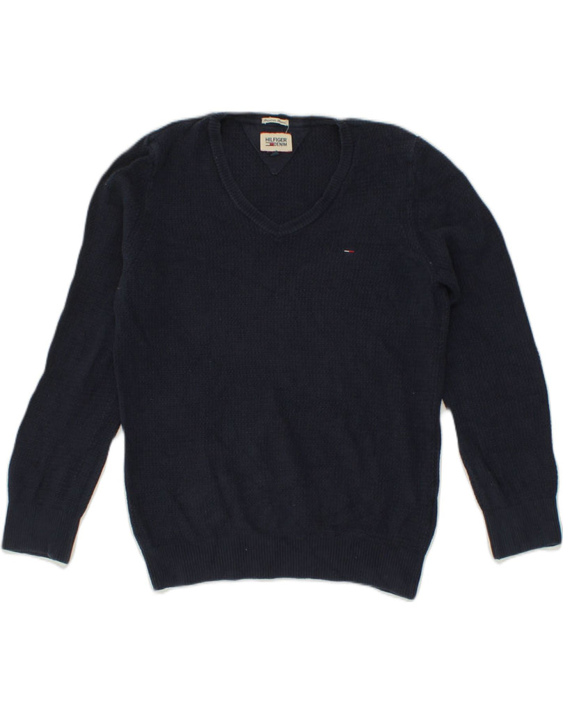 TOMMY HILFIGER Mens V-Neck Jumper Sweater Medium Navy Blue Cotton | Vintage Tommy Hilfiger | Thrift | Second-Hand Tommy Hilfiger | Used Clothing | Messina Hembry 