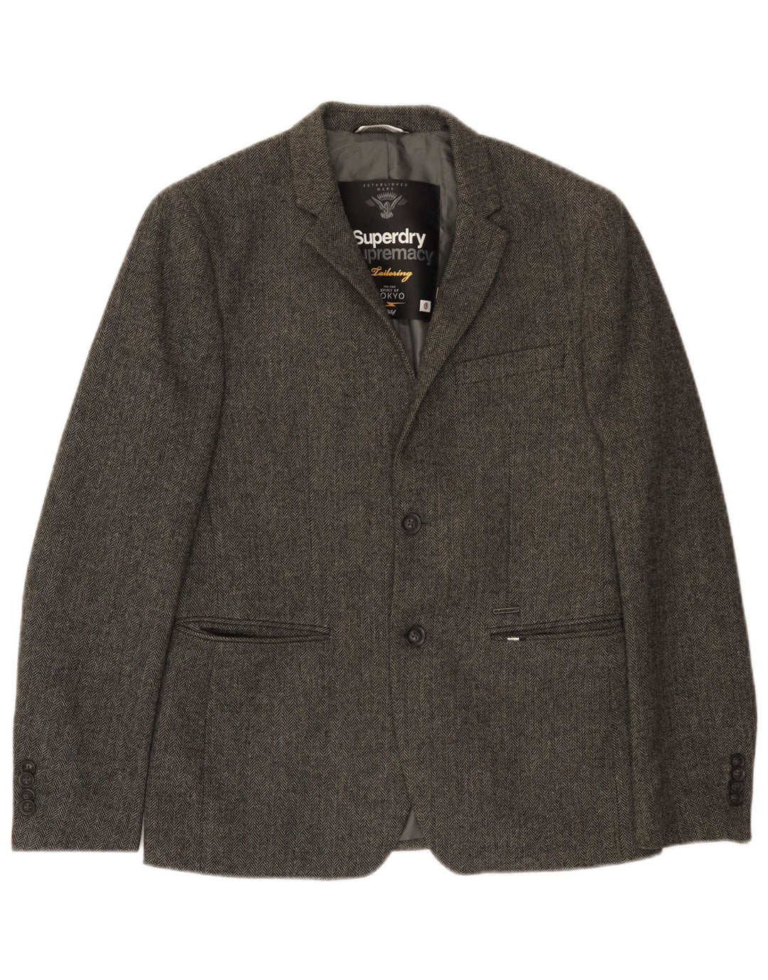 Superdry Mens 2 Button Blazer Jacket UK 38 Medium Grey Herringbone
