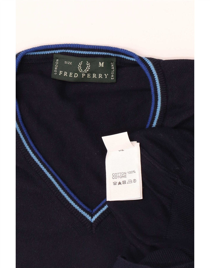 Fred Perry Mens V-Neck Jumper Sweater Medium Navy Blue Cotton