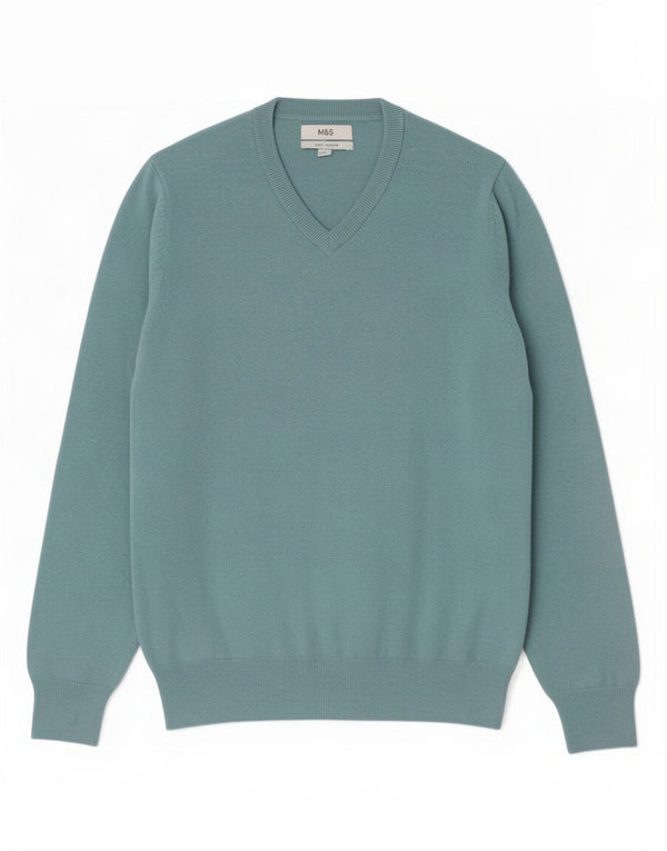 Marks & Spencer Mens V-Neck Jumper Sweater Medium Blue Cotton