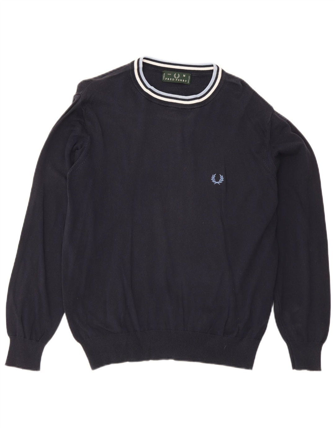 Fred Perry Mens Crew Neck Jumper Sweater Medium Navy Blue Striped Cotton