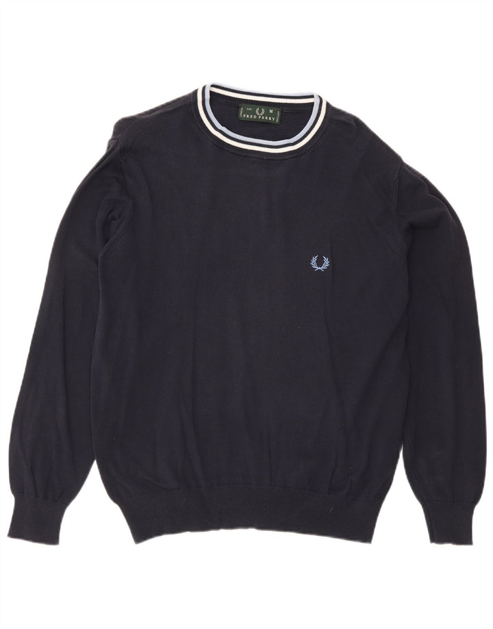Fred Perry Mens Crew Neck Jumper Sweater Medium Navy Blue Striped Cotton